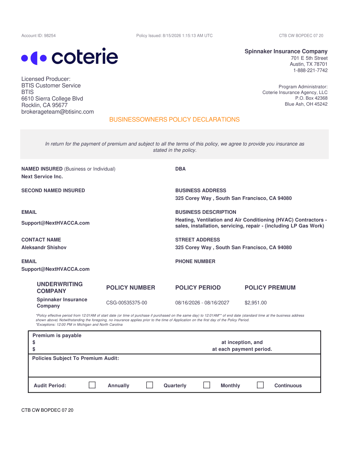 Businessowners / General Liability Policy