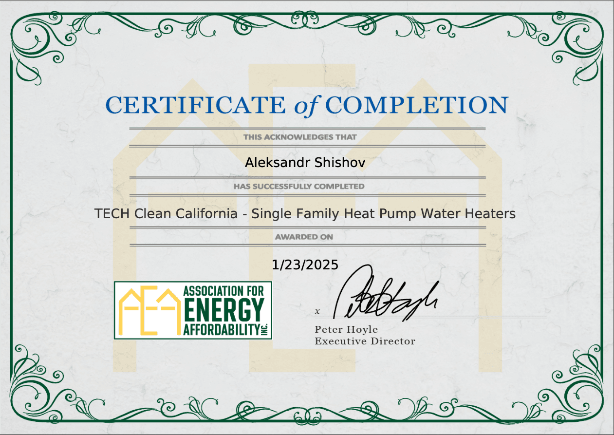Certificate of Completion — Single Family Heat Pump Water Heaters