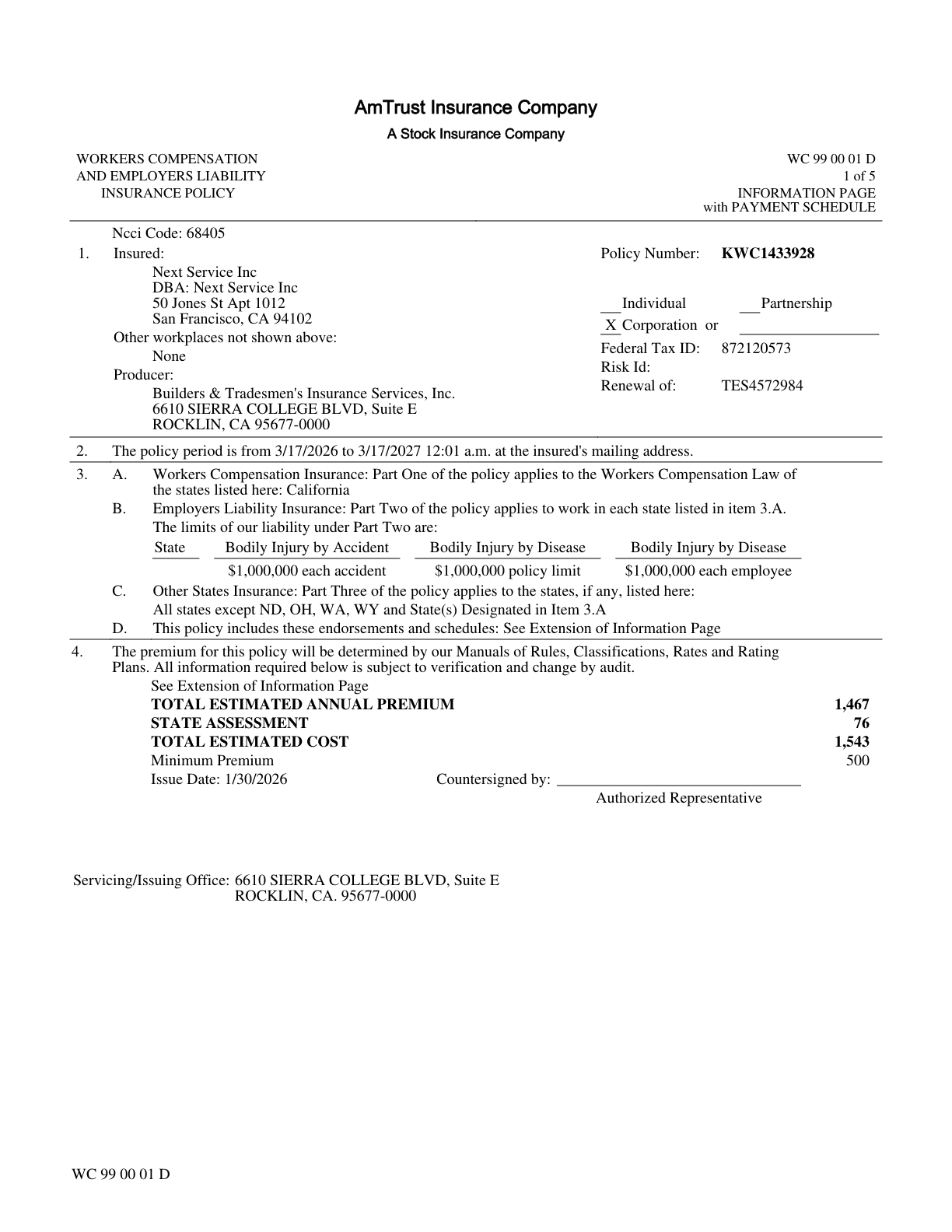 Workers' Compensation & Employers' Liability Policy